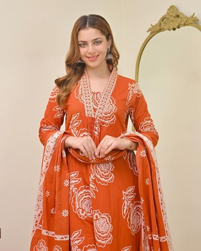 Image of Klosia Women Printed A-Line Kurta and Pant Set with Dupatta | Printed Kurta Set | A-Line Kurta Set | Women Kurta Sets | Summer Suit |