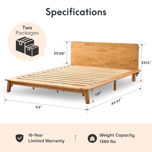 Image of FLEXISPOT Hako G1 Solid Wood Platform Bed Frame Queen,Rubberwood,Tool-Free Assembly,Low Profile Floating,Storage Shelf&Charging Station,Modern Scandinavian Japanese Minimalist,Heavy Duty,Natural Oak