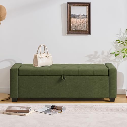 Image of Huatean Home 48 inch Ottoman with Storage, Storage Ottoman Bench with Safety Hinge, Upholstered Entryway Bench with Seating for Bedroom, Living Room, Holds up to 330 lb, Green