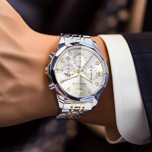 Image of OLEVS Watches for Men Stainless Steel Dress Men Watch with Date Big Face Chronograph Waterproof Luxury Fashion Watch Blue /Black /Gold /Green /Silver Face Relojes para Hombres