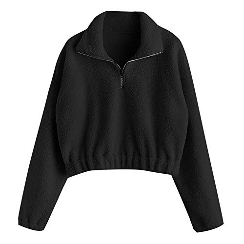 ZAFUL Women's Fashion Long Sleeve Lapel Half Zip Plain Faux Fur Sweatshirt Solid Color Crop Pullover Tops Black S