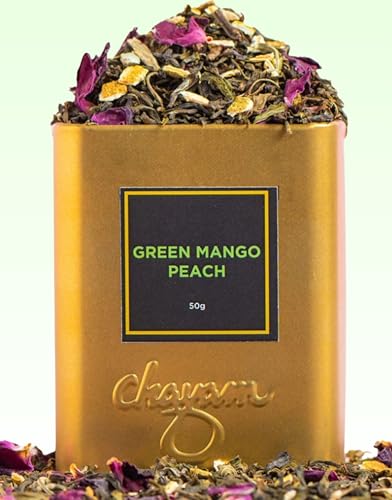 Image of CHAYAM Mango Peach Green Tea - 50g | Refreshing Fruit Infused Green Tea | Natural Mango & Peach Flavour | Boosts Energy & Focus | Metabolism Boost | Brew Hot or Cold | Premium Tin Pack