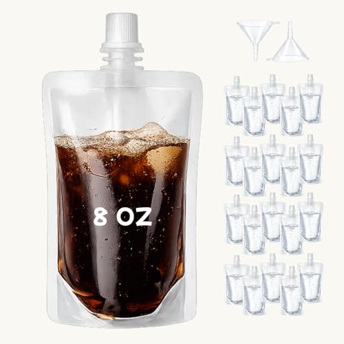 JueLanvie 20 Pcs Reusable Plastic Flasks for Liquid, 8 Oz Drink Pouches, Collapsible Portable containers for Concerts & Festivals, Hot & Freezer Safe, BPA-Free, Food-Grade, 8oz with Funnels