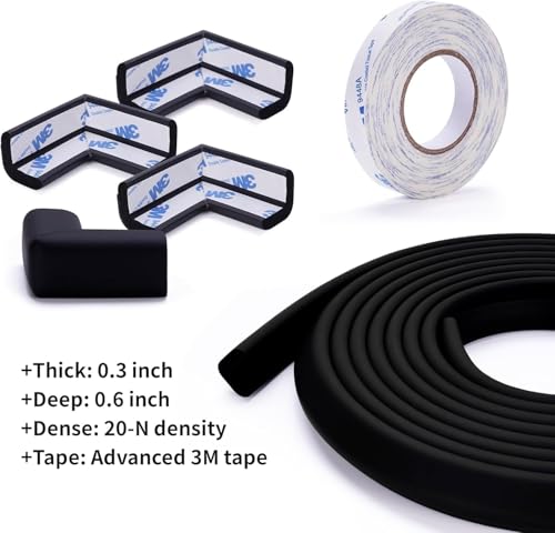 Image of Baby Proofing Edge and Corner Guards, 20 ft + 8 Corners, Black | NBR Foam, 3M Adhesive, Cut-to-Fit Edge Roll, 8 Corner Guards, Furniture Edge Protection