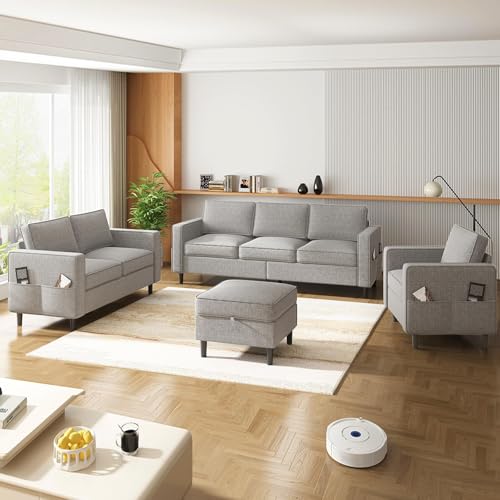 ADOWORE 3 Pieces Sofa Sets Furniture for Living Room, Linen Fabric 3 Seater Sofa with Ottoman and Loveseat and Armchair Sets, Modern L Shaped Couch + Love Seat + Accent Chair Sets,Light Grey