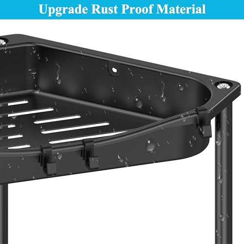 Image of HuggieGems 4 Tier Floor Standing Corner Shower Caddy Organizer Shelf with Hooks, Bathroom Shelves Stand Rack, Jet Black