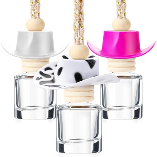 Image of 3 Pieces Cowboy Hat Air Freshener Hanging Cow Diffuser Bottles Western Country Refillable Empty Glass Perfume Bottle Car Interior Rear View Mirror Accessories(White, Spots, Pink,Cow)