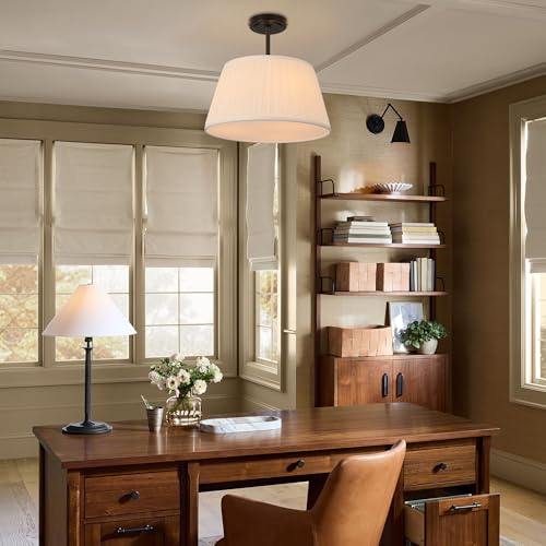 Electro bp; 12.6”Dia White Pleated Drum Shade Close to Ceiling Light Fixture Modern Classic Brocade Fabric Cone Shape Semi-Flush Mount,Matte Black Painted,2 Sockets,E26,120W; by Electro bp - Used condition - Image 7