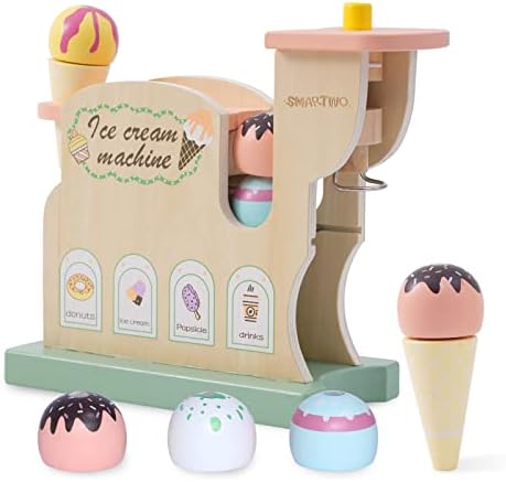 Smartwo Wooden Ice Cream Maker Toy for Toddler Girl’s Pretend Play, Playset for Kid’s Kitchen, Cart, Shop, or Food Truck, Train Fine Motor and Concentration, Birthday Gift for 3 4 5 6 Years Old Child