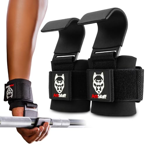 AmStaff Fitness Weight Lifting Hooks (Pair, Black) - Gym Wrist Straps with Steel Hooks for