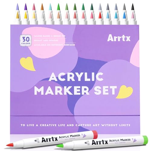 Image of Arrtx Acrylic Markers 30A,Brush Tip Acrylic Paint Pens Markers for Rock Painting, Wood, Ceramic,Glass,Canvas,Metal,Plastic, Fabric, Stone & DIY Projects