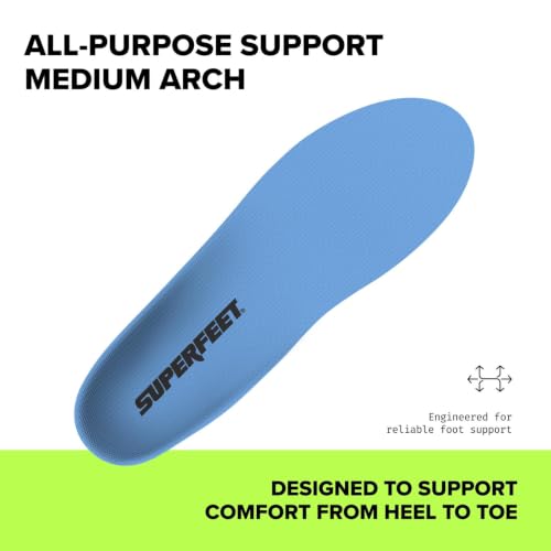 Image of Superfeet All-Purpose Support Medium Arch Insoles (Blue) for Active Lifestyle with Medium Arch Support - Junior /Little Kid 13.5-2 | Mid-Arch Cutout Insoles, Sculpted Heel Cup Cradles Heel, Durable Support with Odor Control