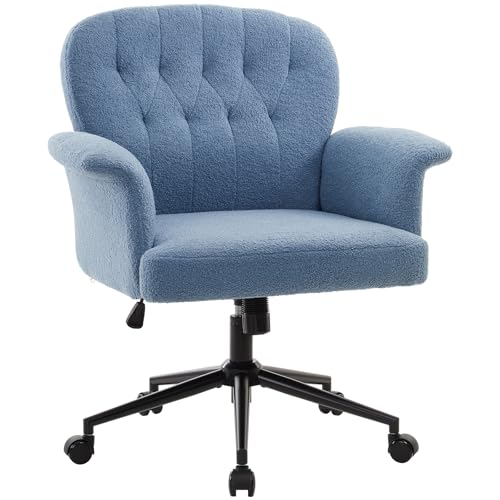 Image of IWMH Office Chair for Home, Teddy Fabric Comfy Desk Chair with Wheels and Arms, Modern Upholstered High Back Wide Seat Vanity Chairs for Bedroom, Living Room (Blue)