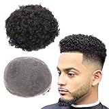 lumeng Curly Hair Unit Afro Toupee for Black Men 1B# Short Afro Wig Real Human Hair 6''Curl Taper Fade Mans Weave Lace Hair System Male Curly Hair Topper 8X10'' Full Head Realistic Mans Hair Pieces