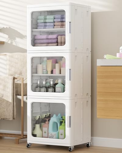 Image of BROVIEW 3-Tier Tall Narrow Storage Cabinet 14.6 inch Wide, Slim Bathroom Cabinets with Adjustable Shelves and Doors, Plastic Kitchen Pantry Organizers and Storages for Small Space, Laundry, White
