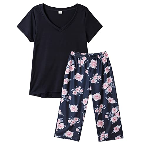 MyFav Schlafanzug Damen Sommer Pyjama Set Kurzarm Top mit 3/4 Lang Hose Zweiteiliger Nachtwäsche S-3XL (Large,Marineblau)