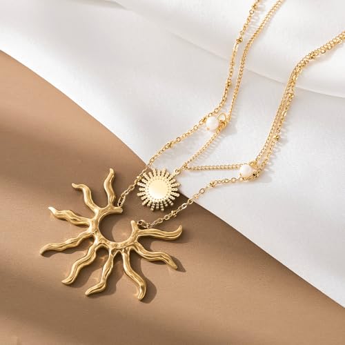 Gold Necklace for Women, Dainty 14K Gold Plated Layered Sun Pendant Necklace Gold Charm Chocker Jewelry Gift for Her2