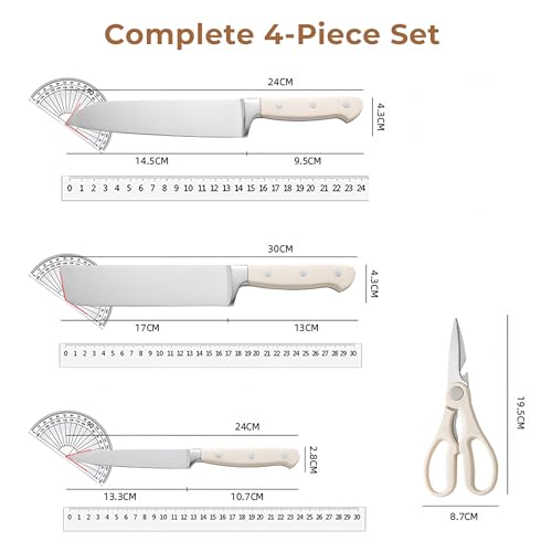 Image of HomeEssentials 4-Piece Knife Set: Ultra-Sharp High-Carbon Stainless Steel Chef, Nakiri & Paring Knives + Multi-Purpose Shears Ergonomic Cream Triple-Rivet Handles for Precise Slicing & Dicing