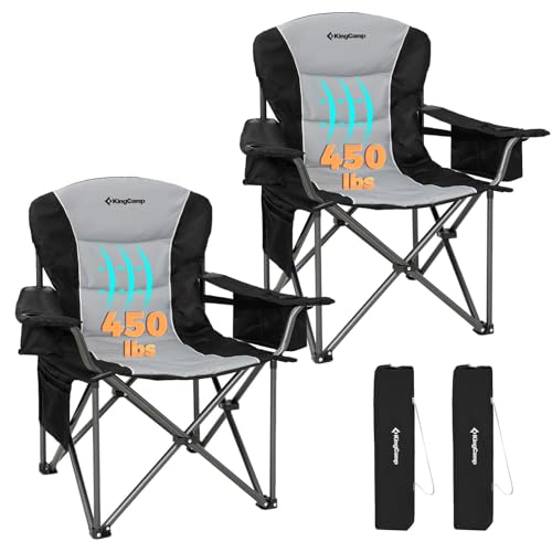 KingCamp Oversized Camping Folding Chair, Heavy Duty 450 LBS with Lumbar Support, Padded seat with Cup Holder&Cooler Bag, Ideal for Camp, Fishing, Sports Event, Backyard, Patio, Lawn