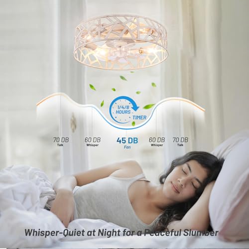 Image of 20 Inch Caged Ceiling Fans with Lights and Remote,Farmhouse Flush Mount Fandelier Ceiling Fan Vintage White, Low Profile Bladeless Ceiling Fans for Bedroom,Kitchen,Living Room