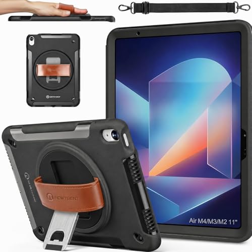 Rugged Case for iPad Air 11 Inch M4 2026/M3 2025/M2 2024 (Air 8th/7th/6th Generation), Built-in Screen Protector with Genuine Leather Strap, Rotating Kickstand and Shoulder Strap by New Trent - Used condition - US$33.99
