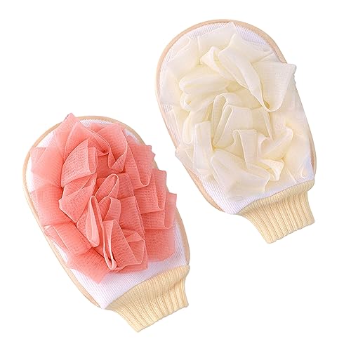 2 guanti da bagno esfolianti, spugna da bagno, per la pulizia profonda della pelle, per uomini e donne (bianco latte, rosa)