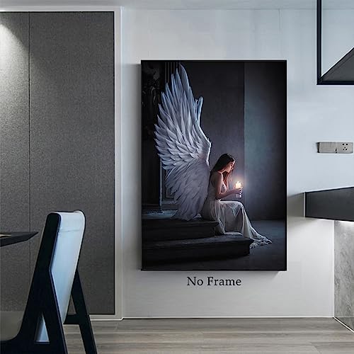 White Angel Painting Angel Wings Poster Modern Black And White Pictures Praying Woman Wall Art Dark Blue Artwork Abstract Angel Painting Wings Canvas Wall Art Aesthetic Woman Posters 16X24In No Frame #TOP2