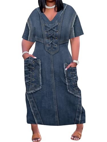 Image of SUZONANA Plus Size Denim Print Maxi Dresses for Women Casual V Neck Short Sleeve with Pockets Soft Jean Look Dress XL-6XL