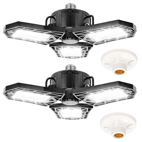 HUOSUC LED Garage Lights, 80W High Bay Lighting, E26/E27 8000LM Deformable LED Garage Ceiling Lights with 3 Adjustable Panels, 6500K Daylight LED Shop Lights for Garage Basement Workshop(2 Pack)