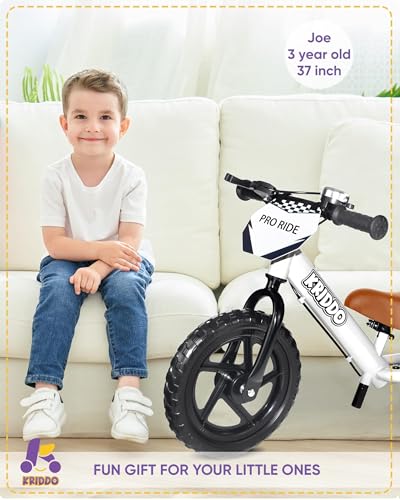 Image of KRIDDO Pro Toddler Balance Bike 2+ Year Old with Hand Brake and Kickstand, 12 Inch Push Bicycle, Gift Bike for 2-5 Boys Girls, White