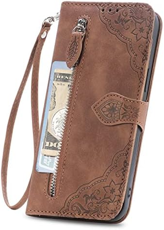 NEXCURIO Zip Wallet Case Compatible with Apple iPhone 12 / iPhone 12 Pro Phone Case Wallet with Credit Card Holder Strap Stand Women Leather Flip Case Floral Folding Cover Shockproof - Brown
