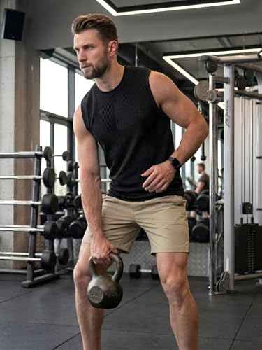 Image of GRECIILOOKS Sleeveless T Shirts for Men | Round Neck Textured Tshirt for Men in Premium Jacquard Knit | Gym Tank Top Mens Style with Stretch Comfort | Casual Streetwear Layering Tee
