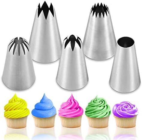 Suuker 5 pcs/set Large Piping Set,Stainless Steel Decoration Nozzles Tip,Pastry Baking Tools For Cupcakes Cakes Cookies Decorating(Silver)