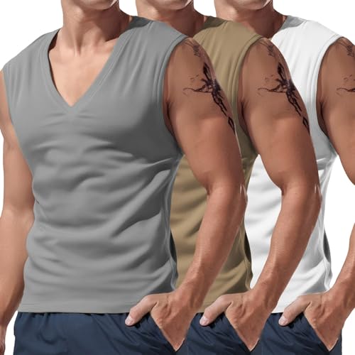 YBWZH Lot de 3 gilets de sport pour homme - Coupe ample - Débardeurs solides à col en V - Haut tendance décontracté sans manches - Gilet de sport simple pour homme - À porter à la maison ou au