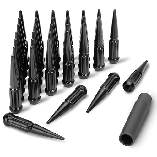 Image of M14x1.5 Spike Lug Nut, Tire Spiked Black Lug Nuts Set with Socket Key, 32Pcs for Chevy Silverado, GMC Sierra, Ford F250 F350, Ram 2500 3500 6-Lug 8lug