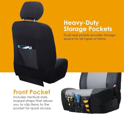 Image of LPI Truck Heavy Duty Car Seat Covers for Front Seats; Fits Sedans and SUVs, Includes Front and Rear Storage Pockets, Built-in Molle Style Organizer; Semi-Custom Fit; Black /Grey, 2pcs