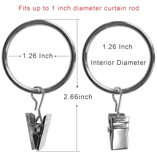 AMZSEVEN 40 Pack Curtain Rings with Clips, Drapery Clips with Rings, Drapes Rings 1.26 in Interior Diameter, Fits up to 1 Inch Curtain Rod, Silver