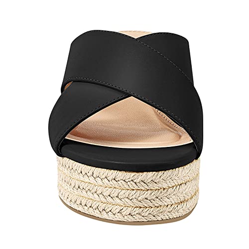 Pizz Annu Women's Misty Criss Cross Platform Wedge Sandals Open Toe Espadrille Flatform Heel Sandals For Ladies Casual Summer Fashion Slide Shoes, Black 7 #TOP7