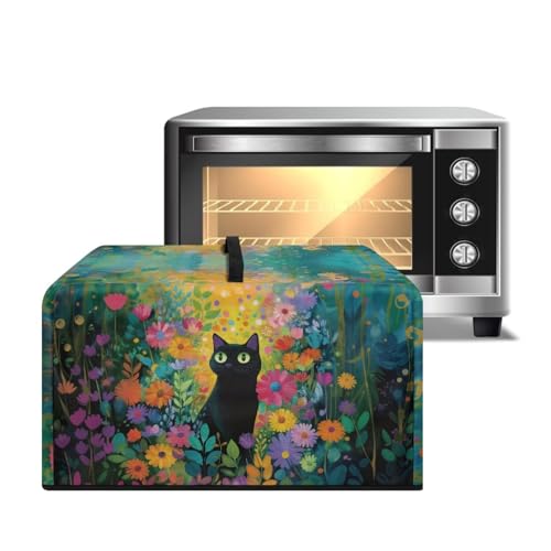 Image of Microwave Oven Cover Air Fryer Toaster Oven Dust Cover with Handle, Stain-Resistant Small Electric Appliance Protector for Kitchen Decor, S, Black Cat Daisy Floral Green
