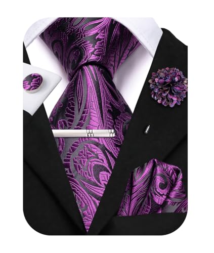 Image of Hi-Tie Grape Purple Paisley Neckties for Men Sets Floral Jacquard Tie and Pocket Square Lapel Pin Silver Tie Clip Cufflinks Set Wedding Business 6PCS