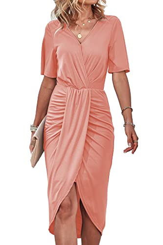 Prettygarden Women's 2023 Ruched Bodycon Dress Short Sleeve Wrap V Neck Irregular Hem Midi Summer Dresses (Pink,Large) #TOP12