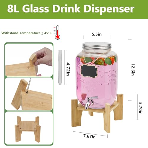 Miniatura 2 de Dispensador De Bebida De Vidrio De 8 Litros Con Grifo Inoxidable, Ideal Para Fiestas, Con Soporte De Bambú, Jarra De Agua Con Grifo, Perfecta