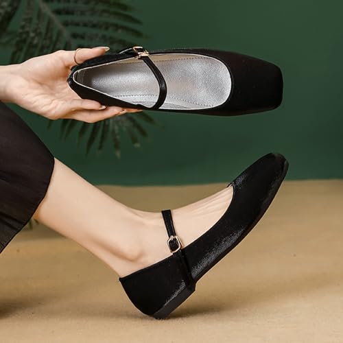 Women's Satin Square Toe Flat Retro Mary Jane Shoes Comfortable Lightweight Adjust One Strap Soft Dress Flat Shoes for Casual Walking Work4