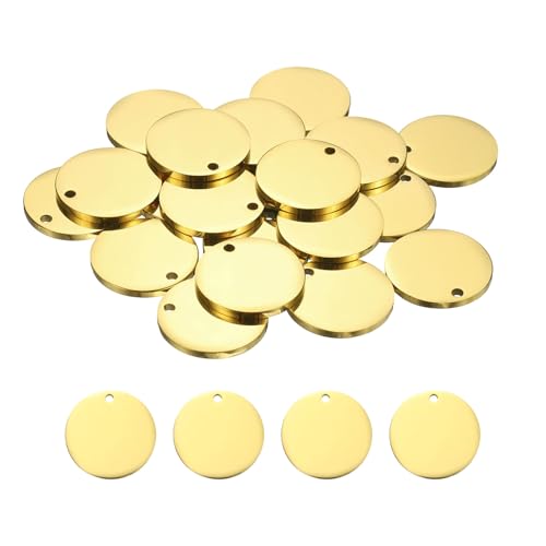 HARFINGTON 20 Pcs Round Blank Stamping Tag 15mm Stainless Steel Circle Polished Blanks Tag Pendants with Hole for Bracelet Crafts Labeling Making Gold