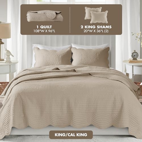 Madison Park King Quilt Set - Damask Coverlet Set for King Size Bed, Cottage Oversized Quilt Set, Scallop Edge, All Season, Pre-washed Cotton-Filled Quilt, Tuscany, Khaki 3 Piece - Image 5