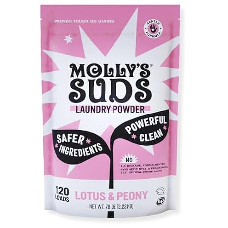Molly's Suds Original Laundry Detergent Powder | Clean Laundry Detergent Powder for Sensitive Skin | Simple, Effective Ingredients, Stain Fighting | 120 Loads (Lotus & Peony)