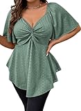 Eytino Womens Plus Size Tops Twist Front V Neck Short Sleeve Eyelet Embroidery Summer Loose Blouse Shirts,2X Green