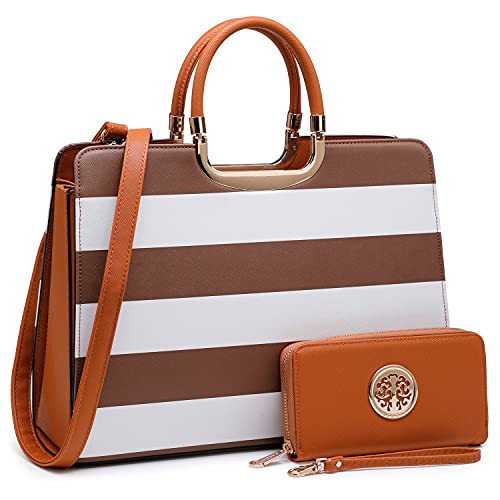 Womens Handbag Top Handle Shoulder Bag Tote Satchel Purse Work Bag with Matching Wallet (4-Coffee White)