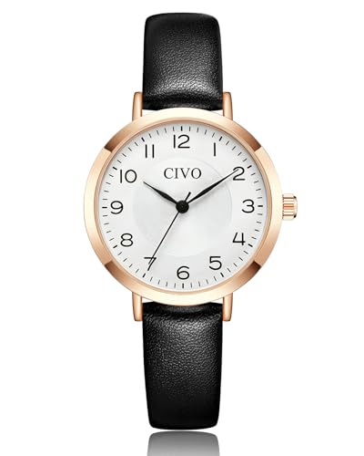 Image of CIVO Easy Read Watches for Women: Small Face with Arabic Numerals for Daily Wear - Analog Quartz Ladies Wrist Watch with Black Leather Strap Elegant Casual