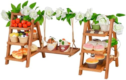 Cupcake Stand, 3 Tier Wood Cupcake Display Stand with Swing, Dessert Table Display Set with Serving Tray for Dessert Display for Party, Wedding, Farmhouse Decor (Brown+Flower)